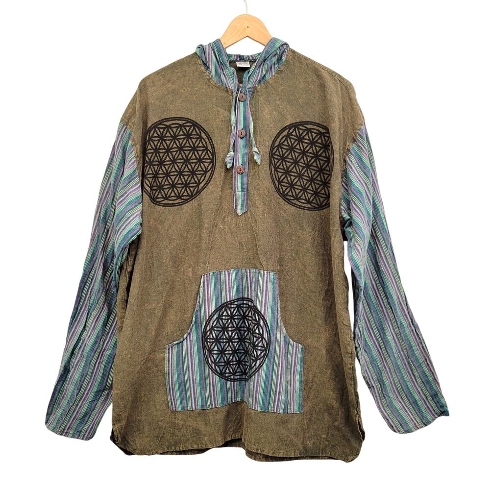 Siddhartha Nepal Hoodie 2XL/3XL Green Stripe Cotton Flower of Life Hippie Boho